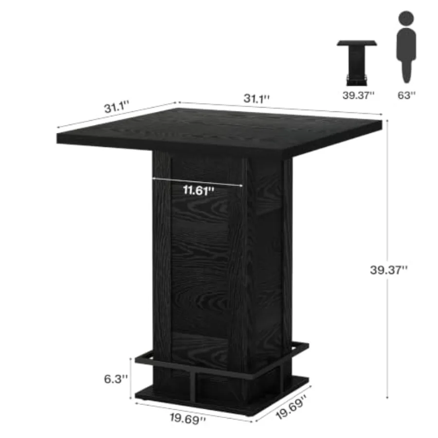 39.4 H Square Bar Table for Kitchen Nook Home Bar Small Bars, Industrial High Top Bistro Pub Cocktail Table with Metal Footrest