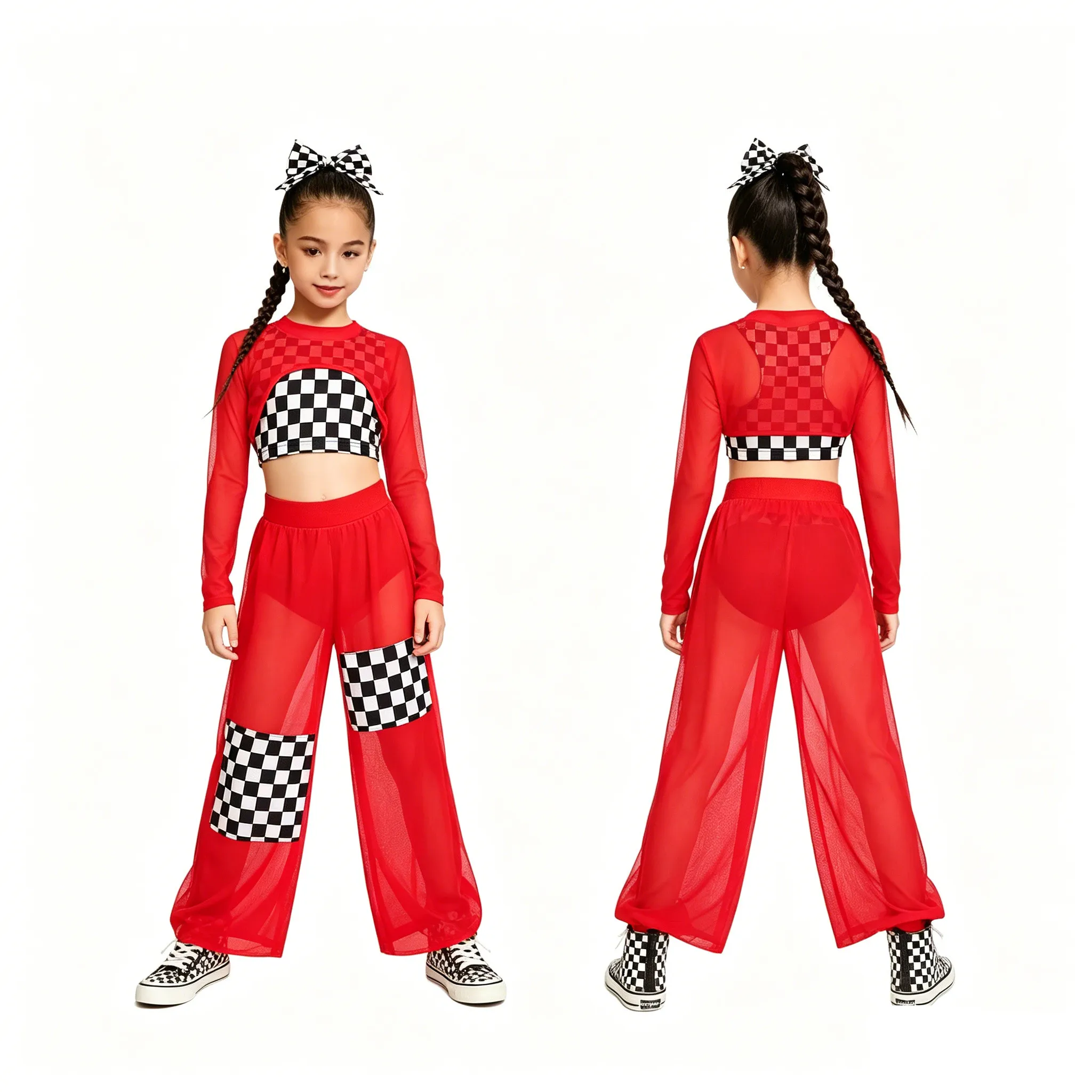 Children Girls Hip Hop Jazz Street Dance Costume Checkerboard Vest with Mesh Crop Top Pants Racing Driver Suit Skateboard Outfit