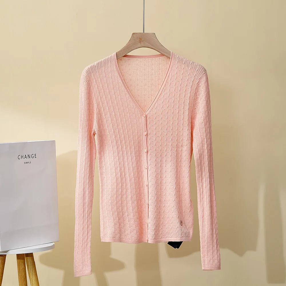 

Women's Spring and Summer New Classic Twist Cardigan V-Neck Silk Wool Knit Top All-Match