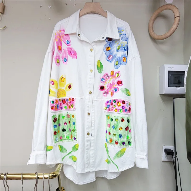 Hand-painted Graffiti Flower Print Denim Shirt Coat Spring Women Casual Diamond Big Pocket Long Sleeve Jeans Jacket Veste Femme