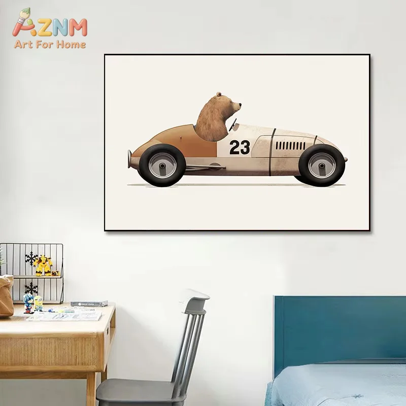 Funny Cartoon Animals Car Art Nursery Wall Poster Print Giraffe Bear Rabbit Children Kid Room Canvas Painting Home Decor Picture