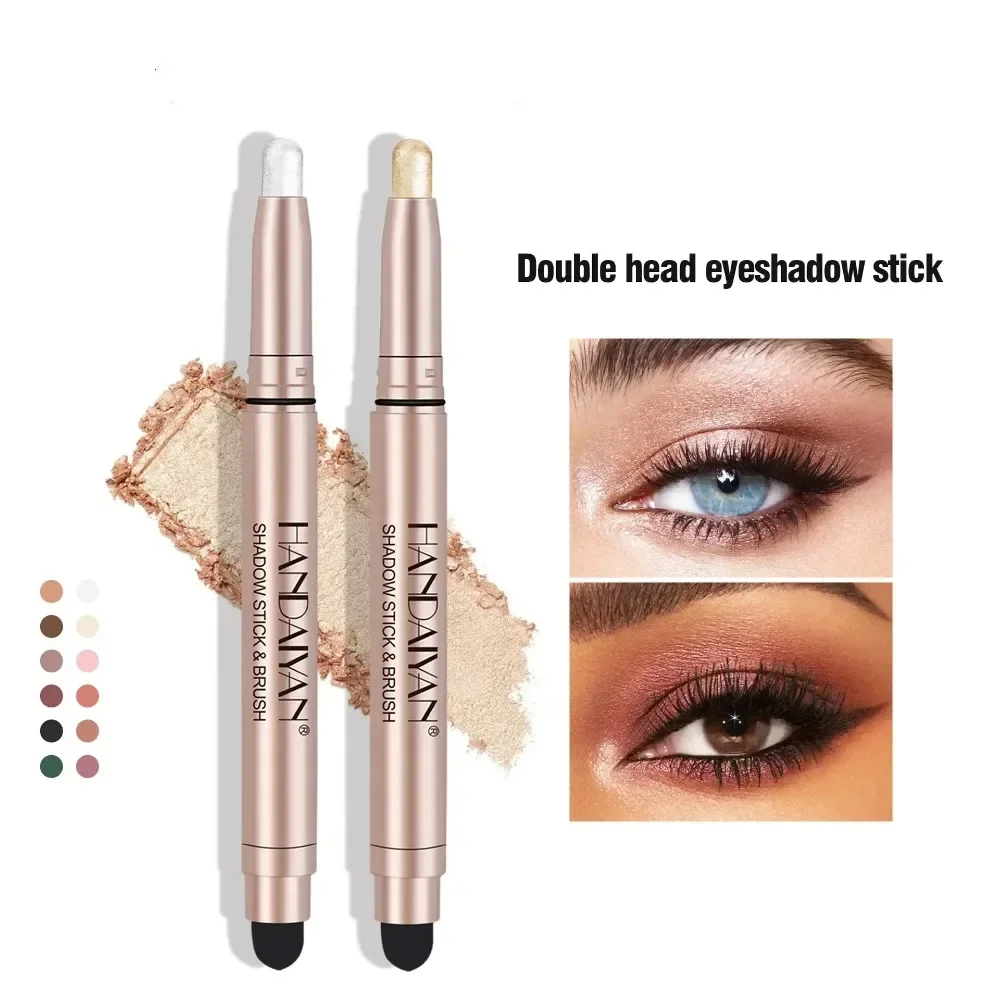 Metallic Double-head Eyeshadow Stick Diamond Shimmer Highlighter Pencil Cream Eye Shadow Sponge Pen Ultra Pigmented Long Lasting