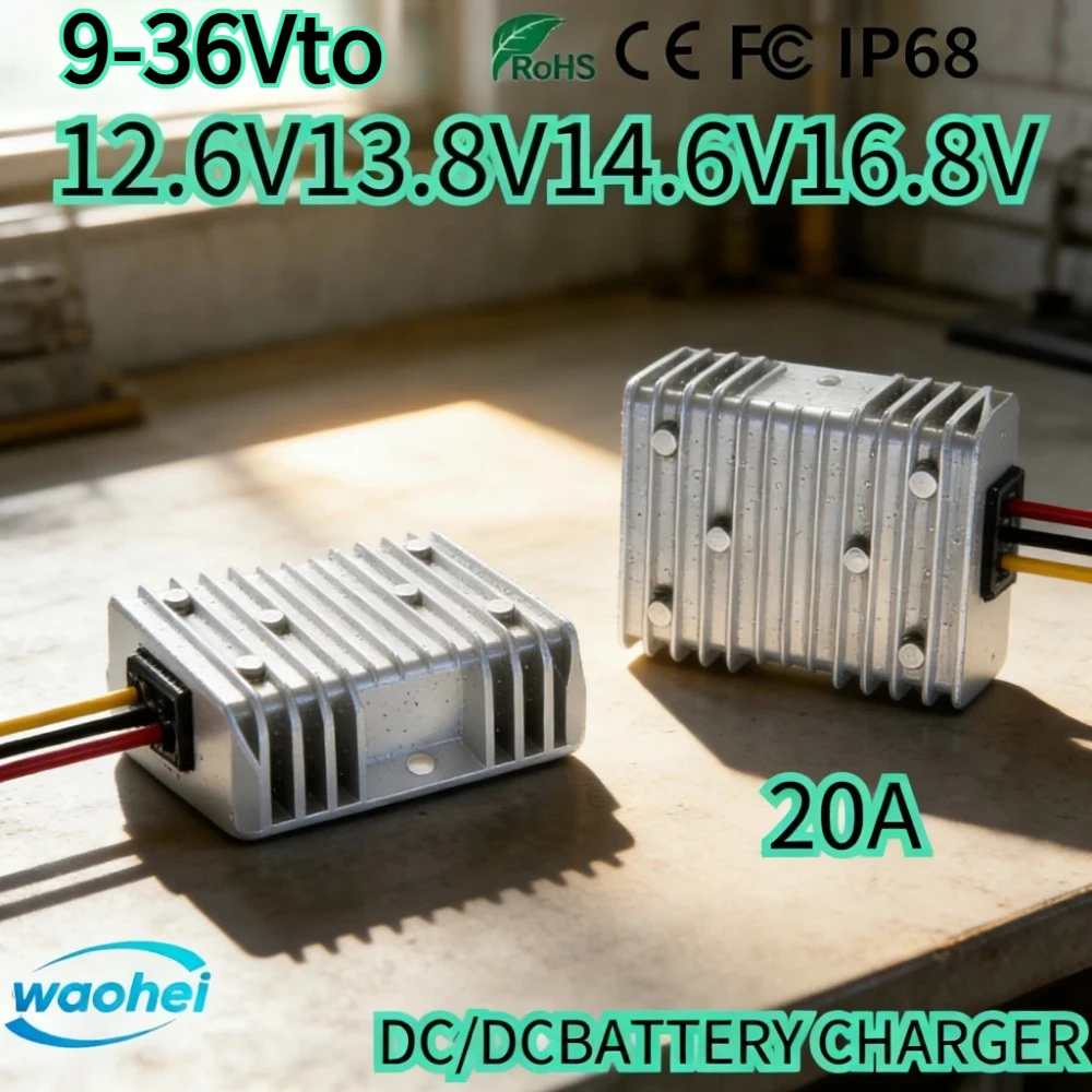 

Преобразователь напряжения 8-36В в 12.6В, 13.8В, 14.6В, 16.8В, 20А, DC-DC, для двухбатарейных систем, свинцово-кислотных и литиевых LiFePO4 аккумуляторов 12В, CE
