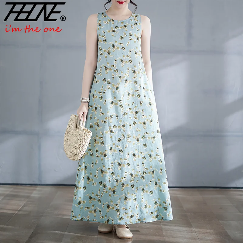 THHONE Vestido Feminino Summer Dress Women Sleeveless Robe Tank Bohemian Beach Style O Neck Print Elegant Women's Loose Dresses