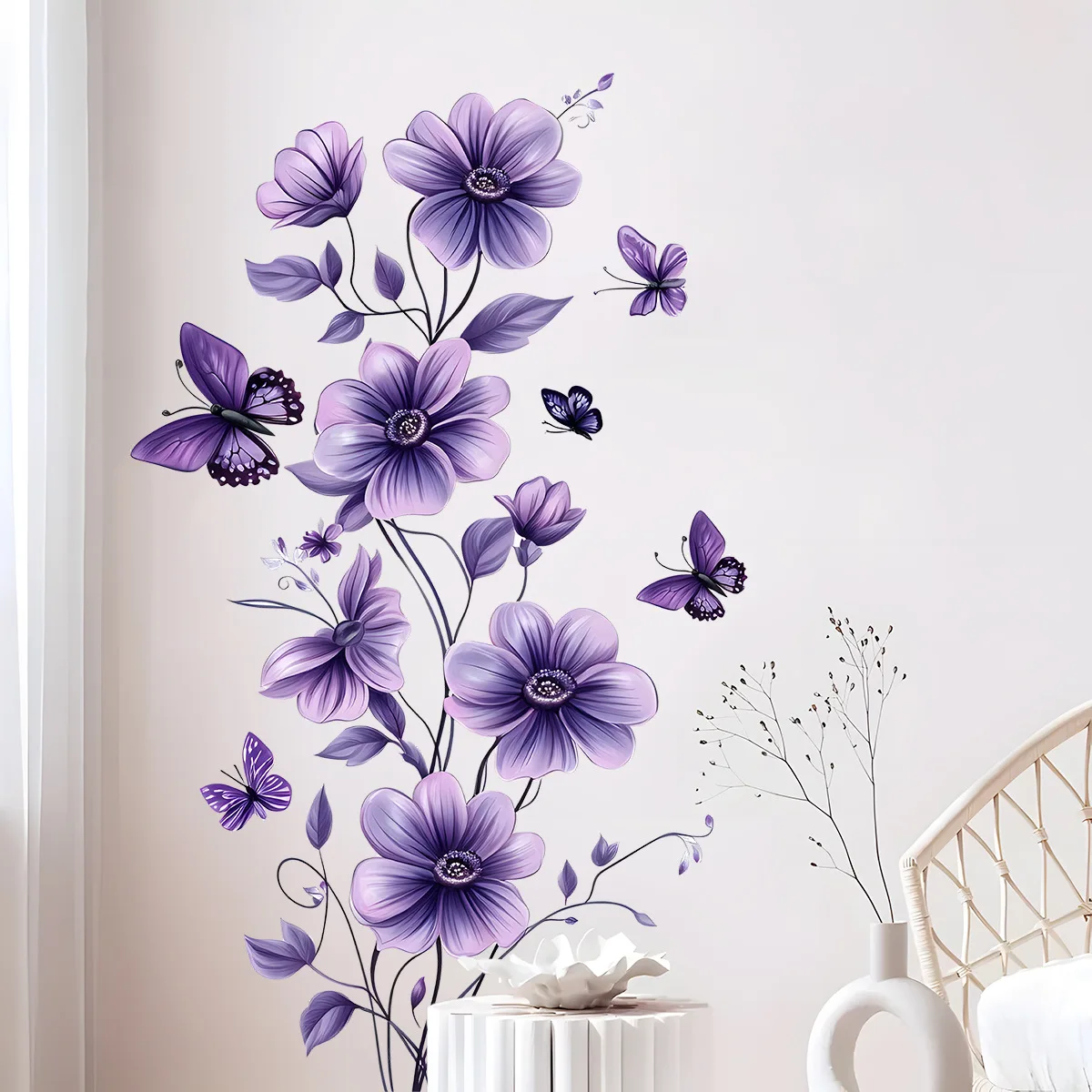 Adesivos de Parede de Borboleta e Flor Roxa, Decoração Floral Removível, Murais Autoadesivos para Sala de Estar, Quarto e Porta