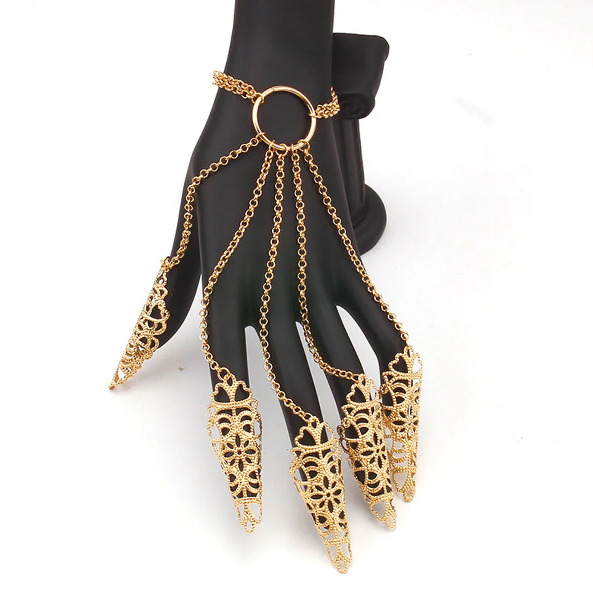 1pc Connecting Finger Bracelet Women Punk Nail Rings With Bracelet Belly Dancer Cosplay Hand Jewelry ﻿