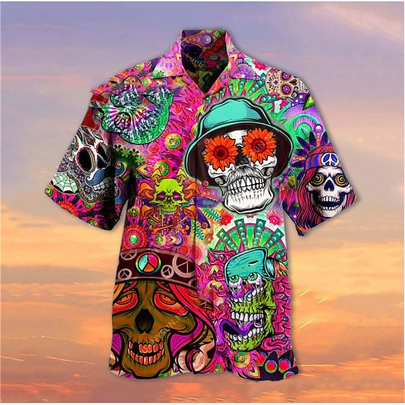 Newest Skull Lapel Men'S Shirts Horror 3d Print Casual Hawaiian Shirts Man Retro Shirt For Man Button Short Sleeves Male Clothes