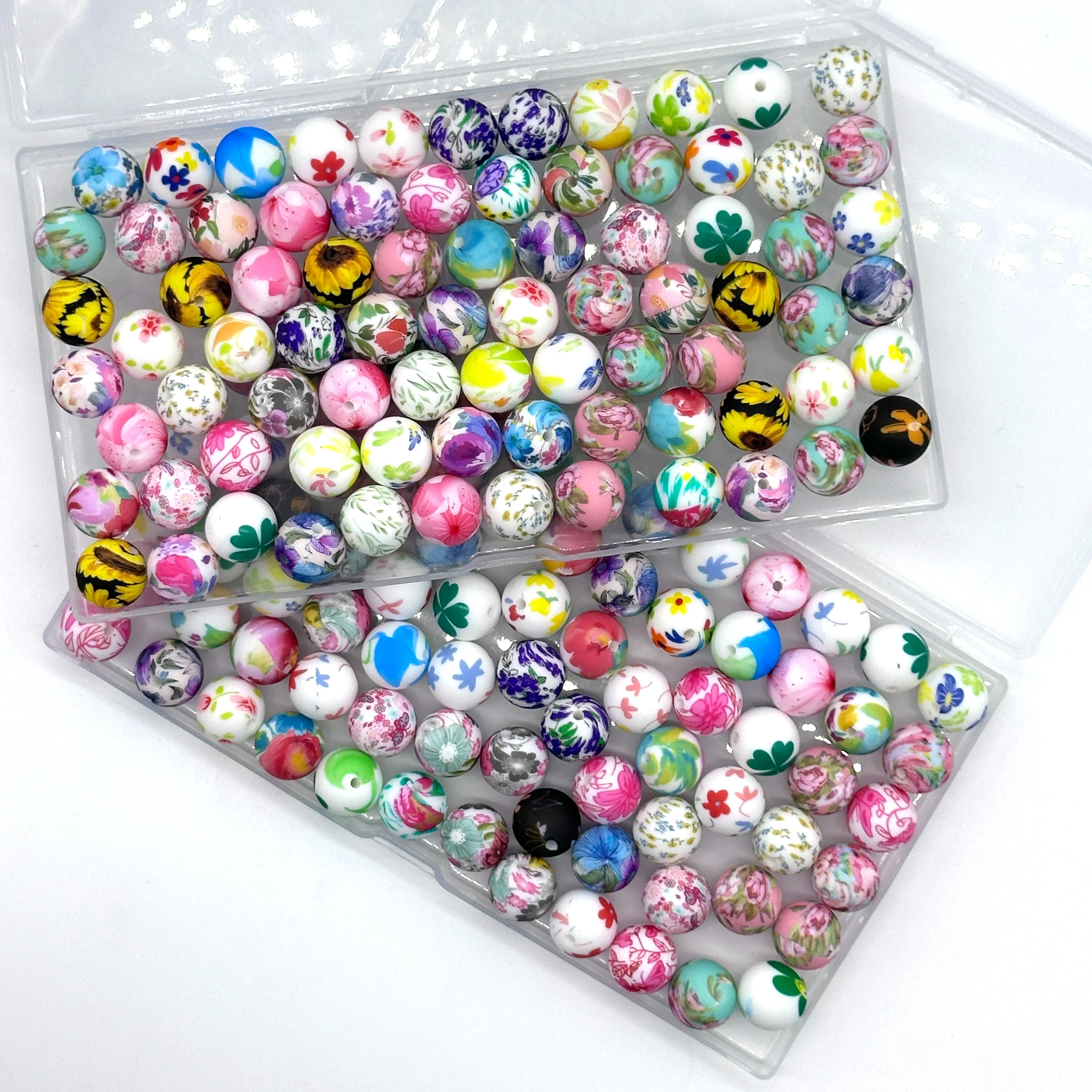 

10Pcs 15mm Silicone Printed Beads Round Flower Series Silicone Beads DIY Necklace Plastic Pen Bead Key Chain Bracelet