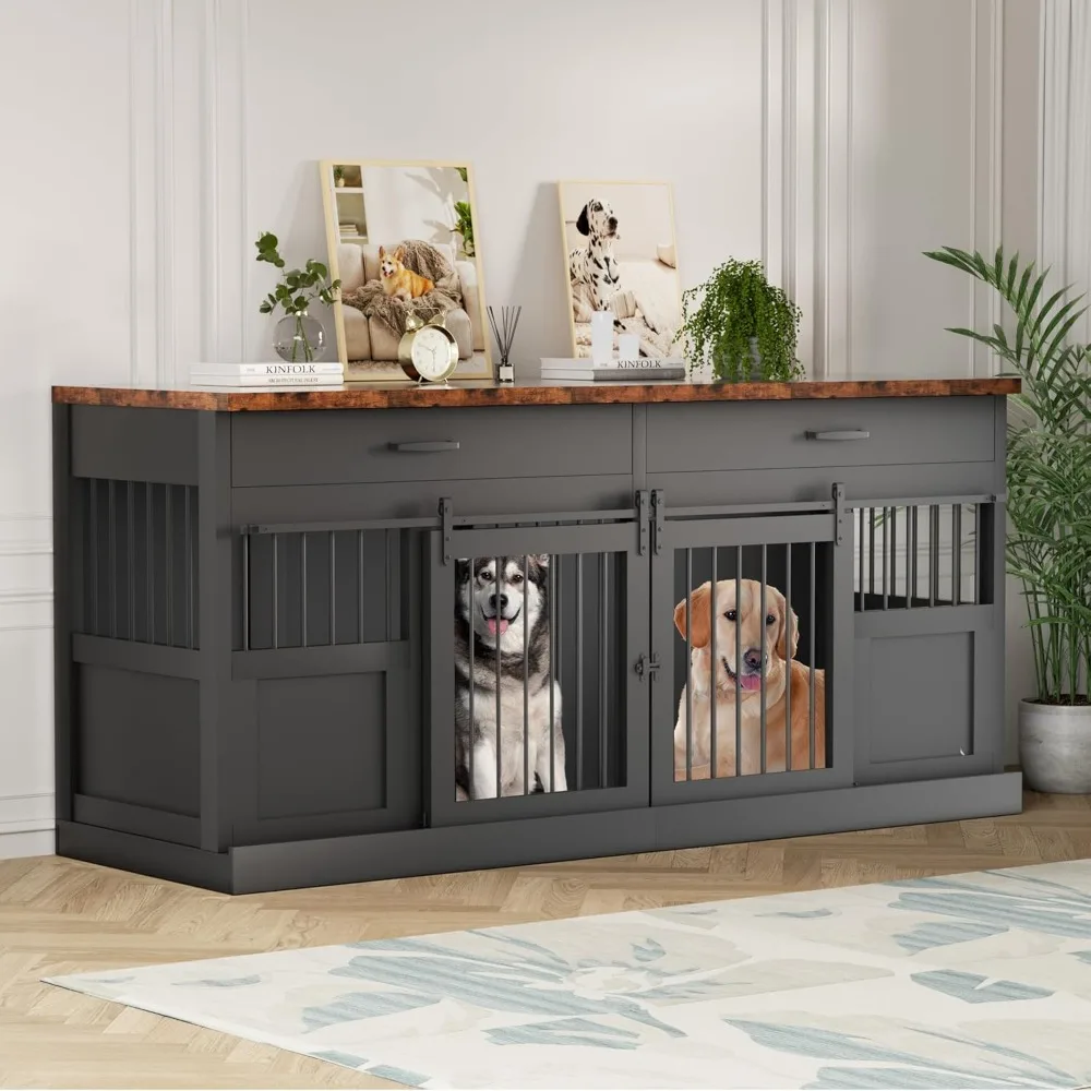 

Large Dog Crate Furniture for 2 Dogs 71 inches Decorative Indoor Dog Kennel Furniture with 2 Drawers XXL Heavy Duty Dog Crates