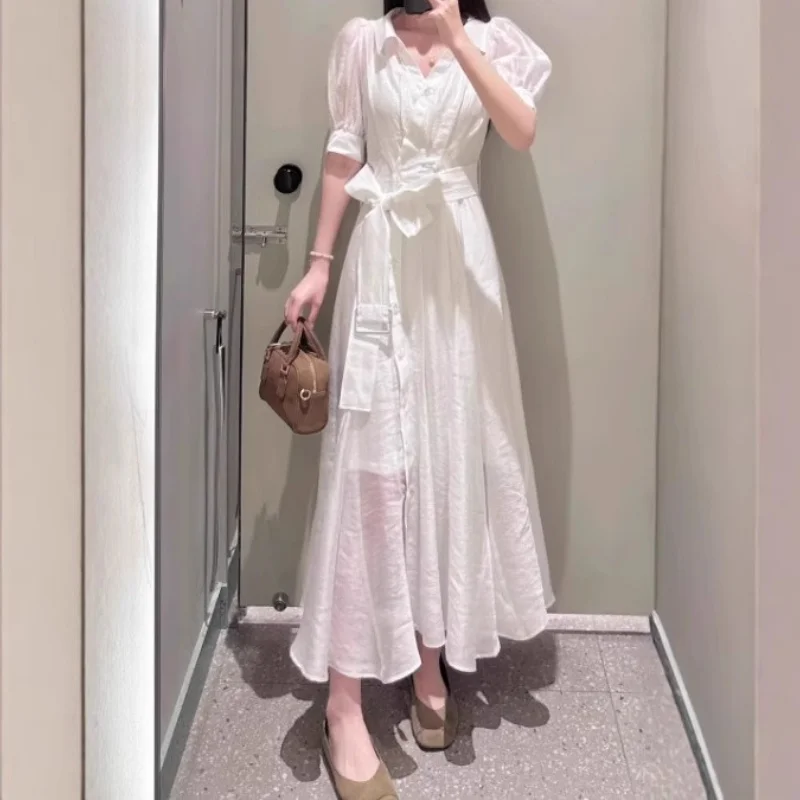 

2025 Spring Summer Sweet Puff Sleeve Dress Women Bow Lace Up Turn-down Collar Solid Casual Long Robe Japan Style Chic Vestidos