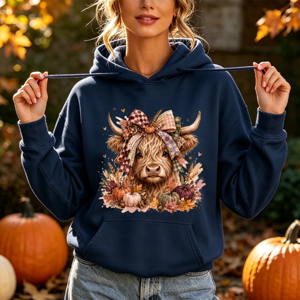 Highland Cow Hoodie Women Pumpkin Fall Thanksgiving Cute Buffalo Plaid Bow Hooded Sweatshirt Warm Cozy Vintage Mom Top Hoodies