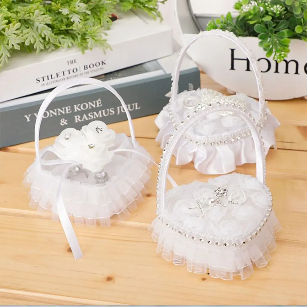 White Lace Heart-shaped Ring Box Mini Satin Material Lace Ring Box Bow-knot with Handle Wedding Ring Pillows