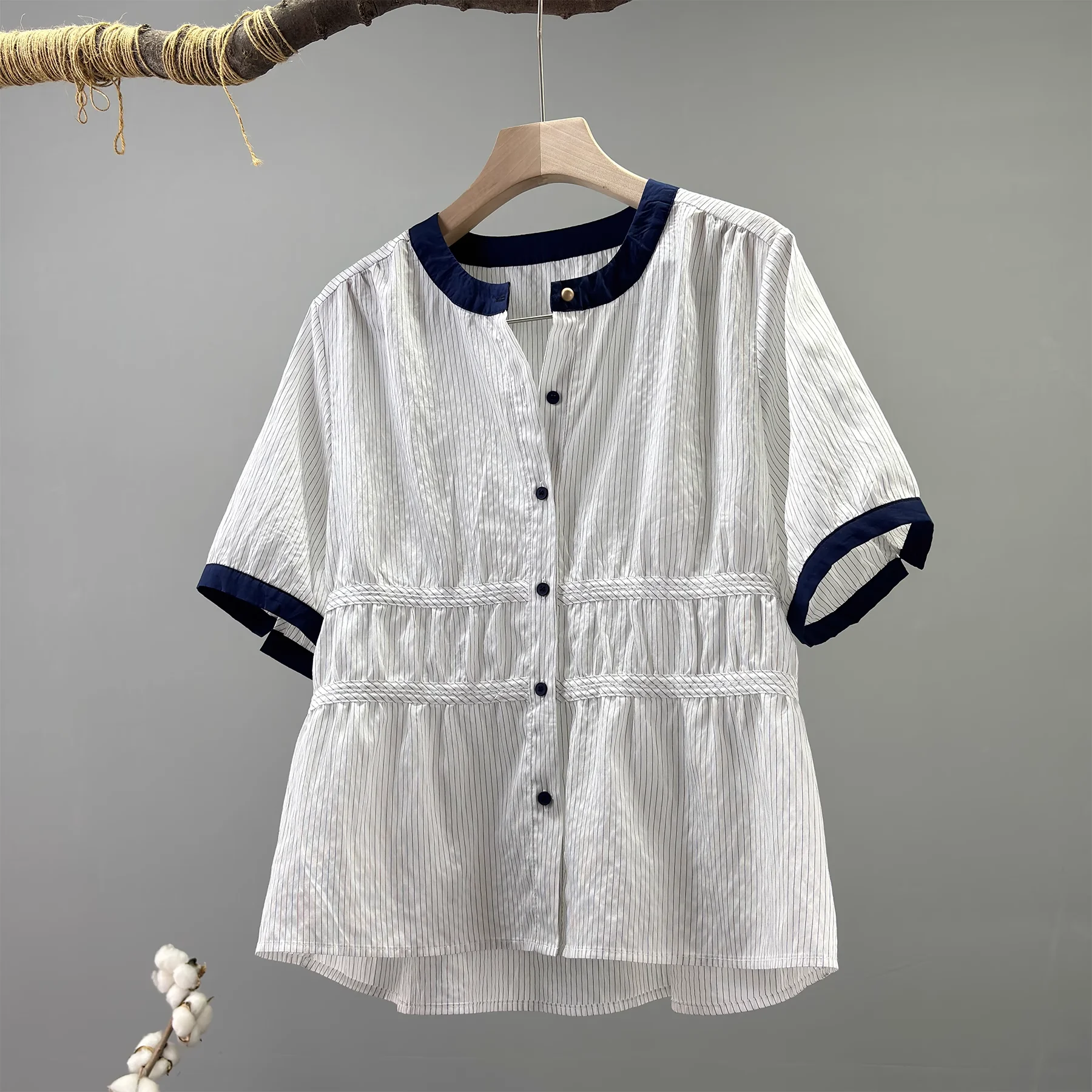 

2025 Elegant woman blouse Korean fashion striped patchwork shirts and blouses for womne summer tops ladies clothes