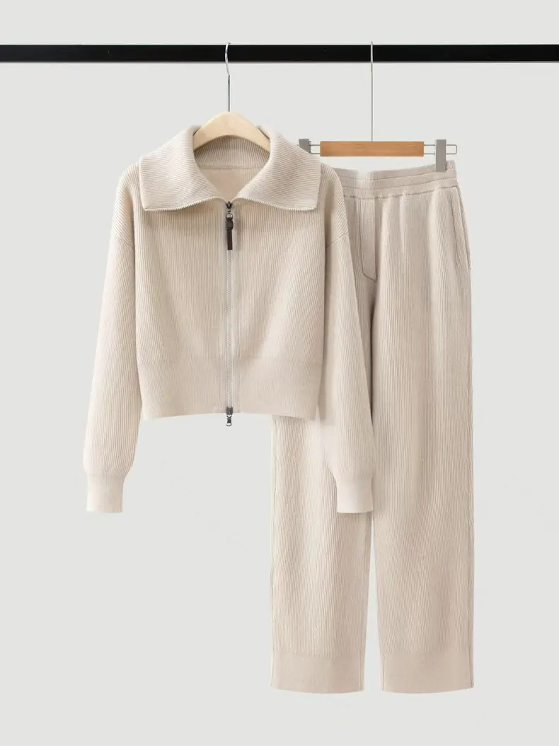 Women'S Cashmere Knit Set (Fall/Winter 2026): Collared Zip-Up Cropped Cardigan And Straight-Leg Trousers view 5