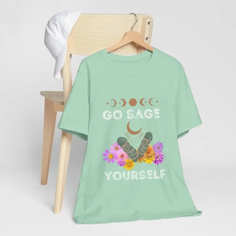 

Джерси Go Sage Yourself с фазой Луны и цветком, футболка очищает отрицательная энергия, несущая в позитив, здоровый разум