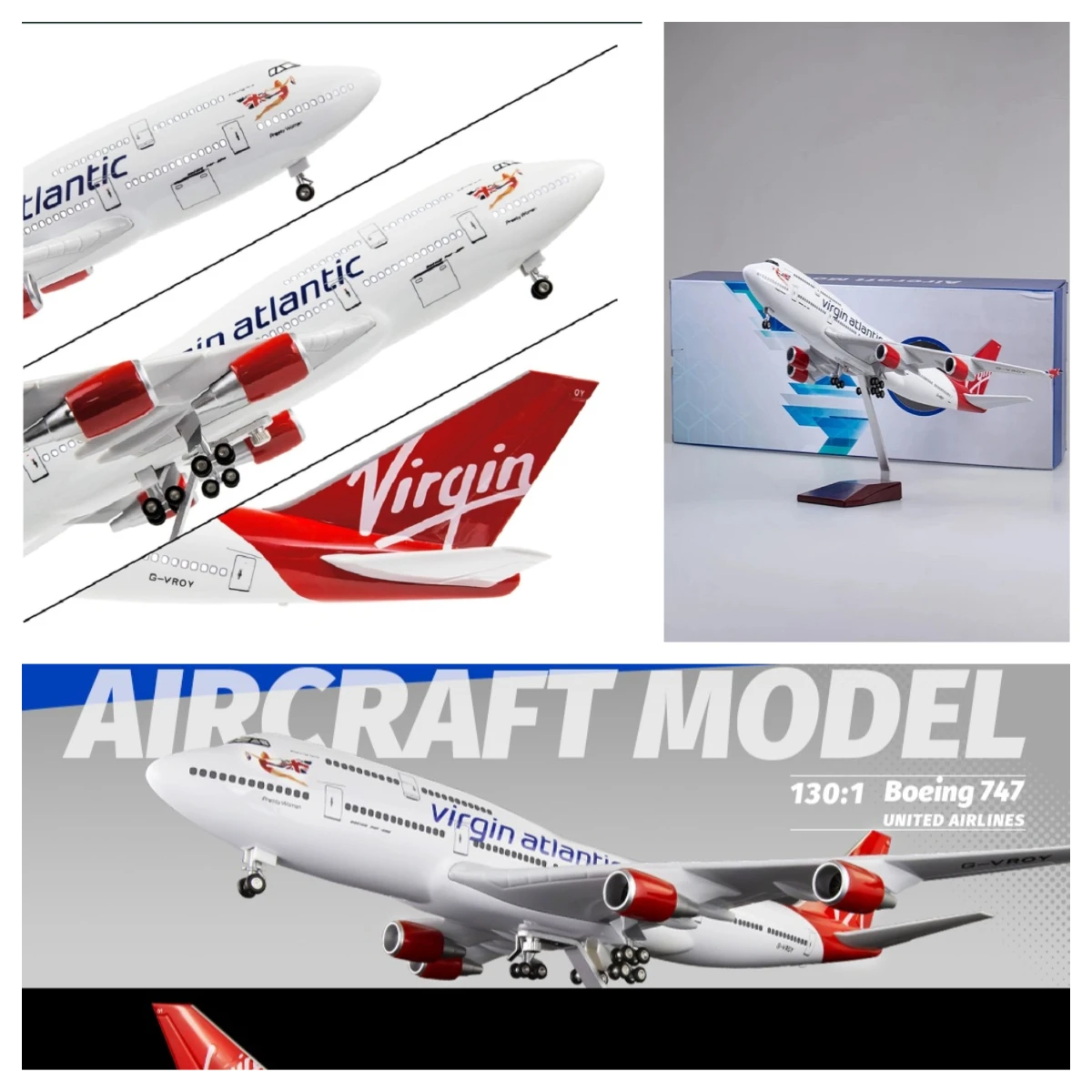 

747 Plane Model Toy 47CM Virgin Atlantic B747 Aircraft British Airline Model W Light and Wheel Landing Gear Diecast Resin Aeropl