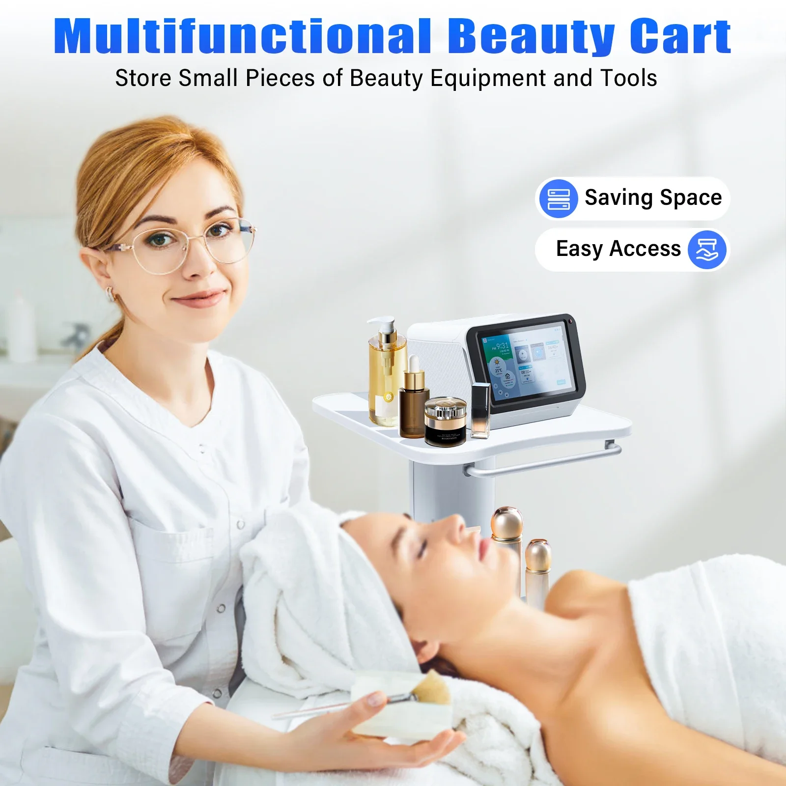 White Salon Trolley – Wooden Board & Metal Cart with 360° Rotating Casters, Large Handle, and Quiet Movement for Spa & Salon image 2