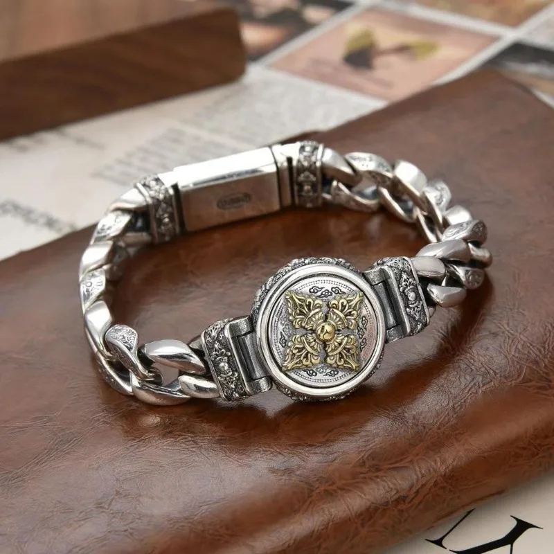 Luxury Vajra Silver Bracelet for Men, Ethnic Retro Style, Rotatable Bead, High-End Textured Trendy Jewelry