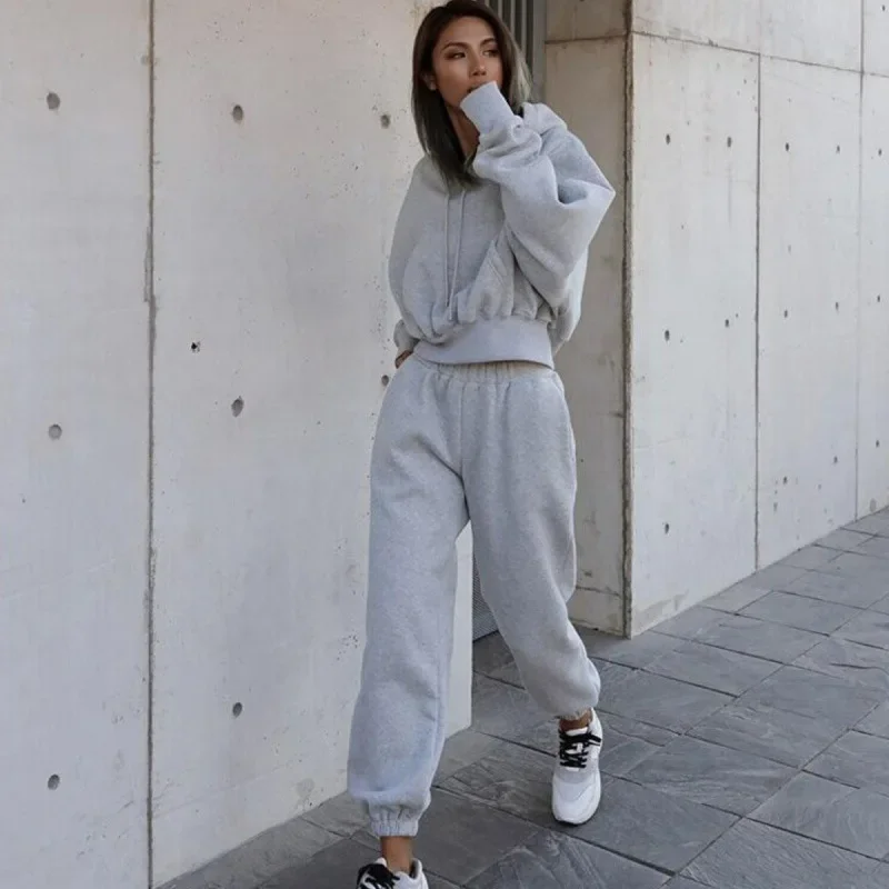 Two Piece Set Women Hooded Sweatshirt Pant Sets Solid Full Sleeve Thick Tops Pullover Pockets Midi Waist Trousers Sporty Suit