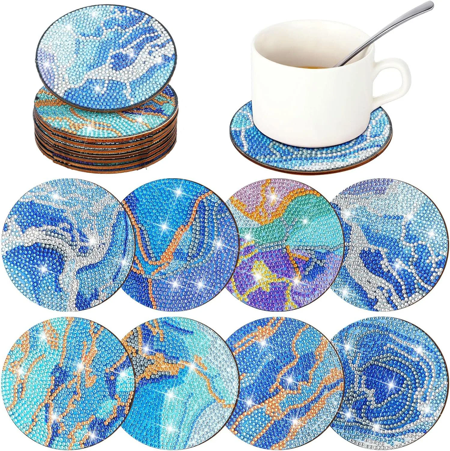 

8 предметов DIY синий пейзажный узор алмазная живопись художественный набор мастерство, деревянные противоскользящие подставки без кронштейнов