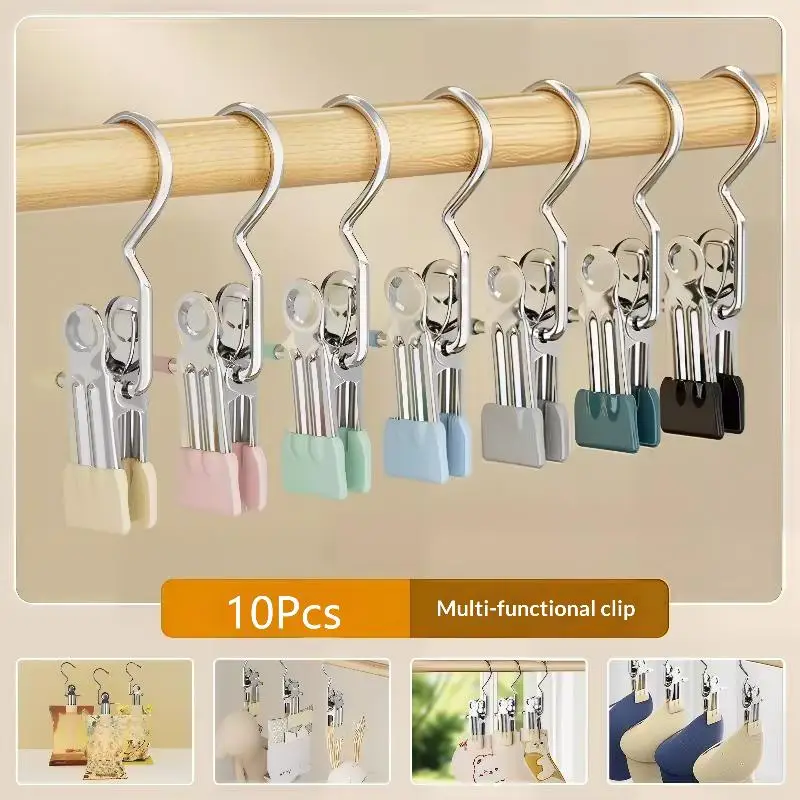 Innovative 10Pcs Clothes Hanging Clips With Hooks For Socks Hats Pants Storage Solution