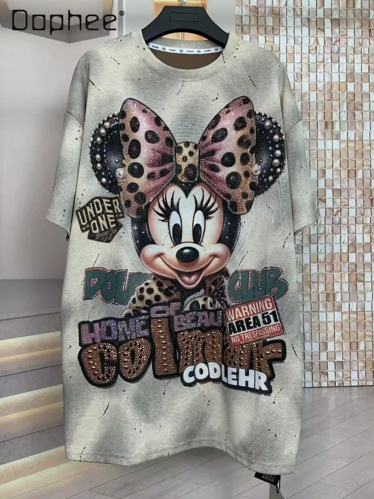 

Trendy Autumn New Heavy Rhinestone Leopard Print Minnie Cartoon Fashion Oversized Loose Short Sleeve T-Shirt Top Kawaii Clothes