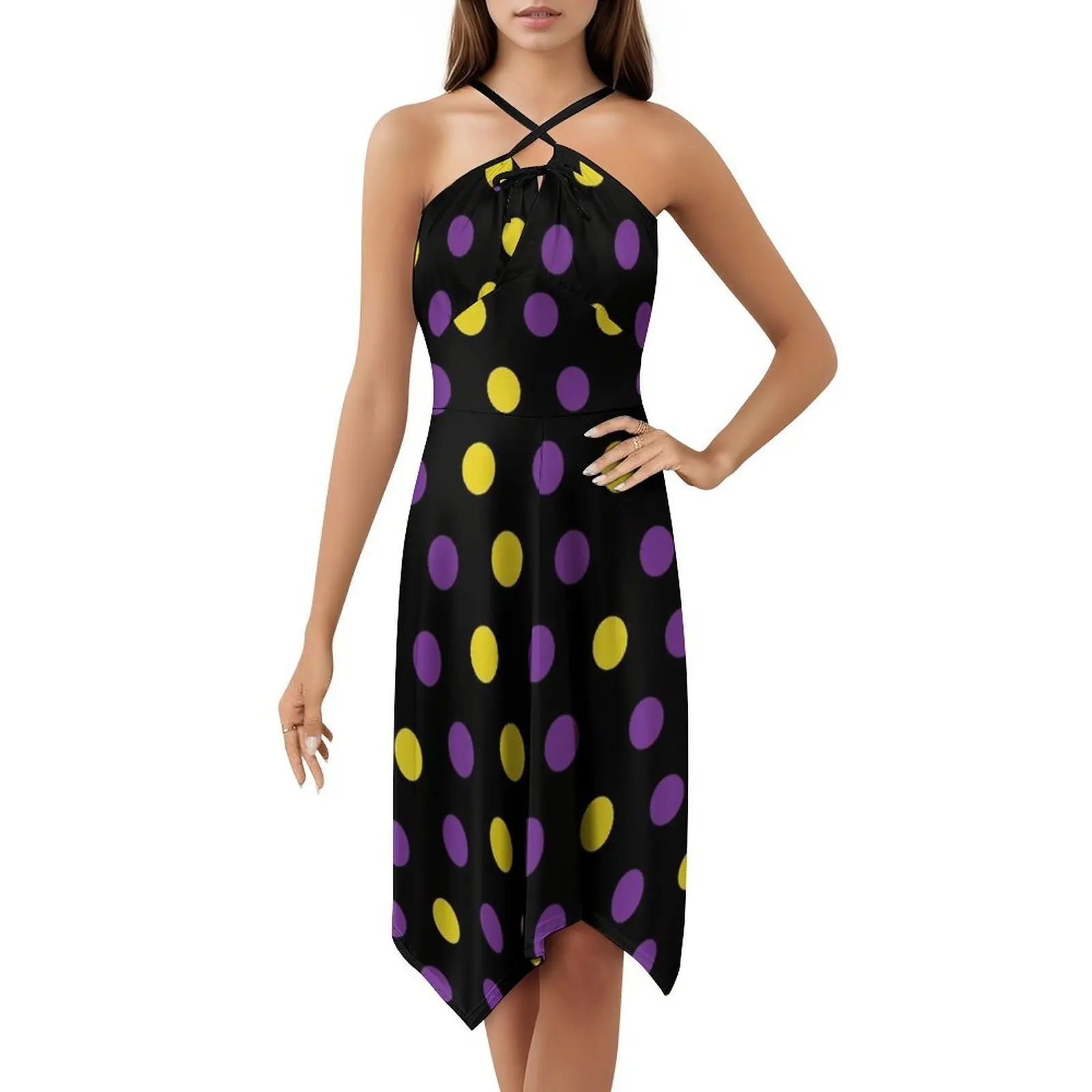 Purple And Gold Polka Dots Circles Women's Streetwear Party Dress Trendy Print Club Clothing For Female Purple Gold Purple And