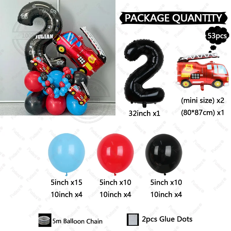 53 قطعة بالون شاحنة مطافئ 1-9 مجموعة رقمية سوداء أحمر أزرق أسود النار Globos للبنين أطفال رجال الاطفاء تحت عنوان حفلة عيد ميلاد الديكورات