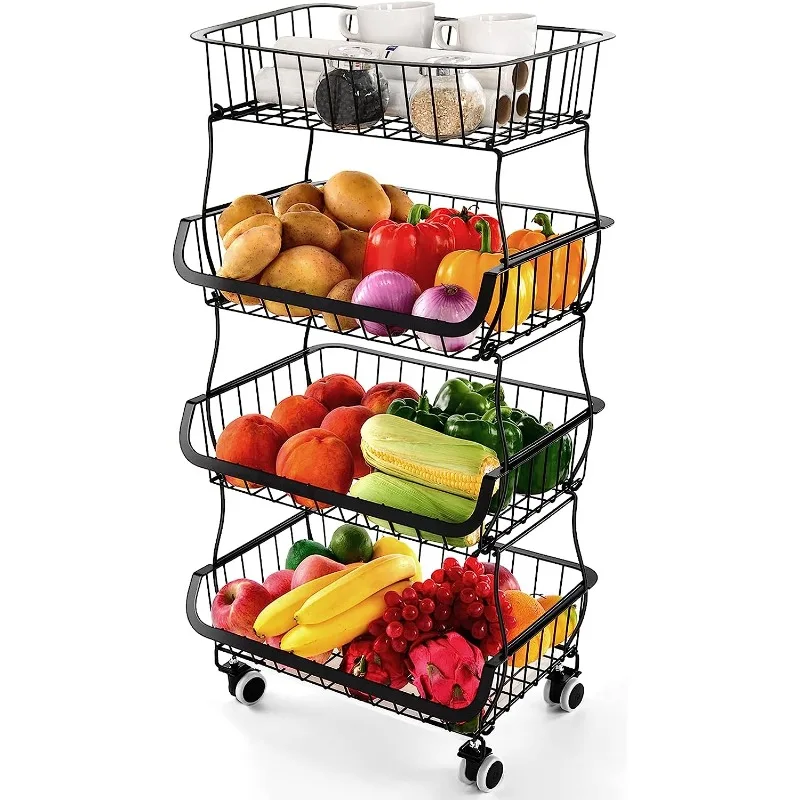 

Fruit Vegetable Storage, 4 Tier Stackable Metal Wire Storage Baskets with Wheels, Fruit Vegetable Produce Basket Organizer Bins