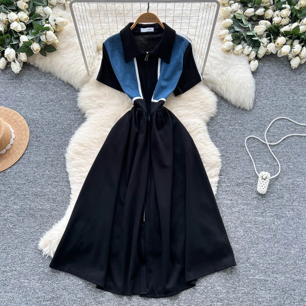 

Women Denim Spliced Dress Short Sleeve Zipper Long Dresses Patchwork Turn Down Collar Elegant Vestidos A Line Summer 2025
