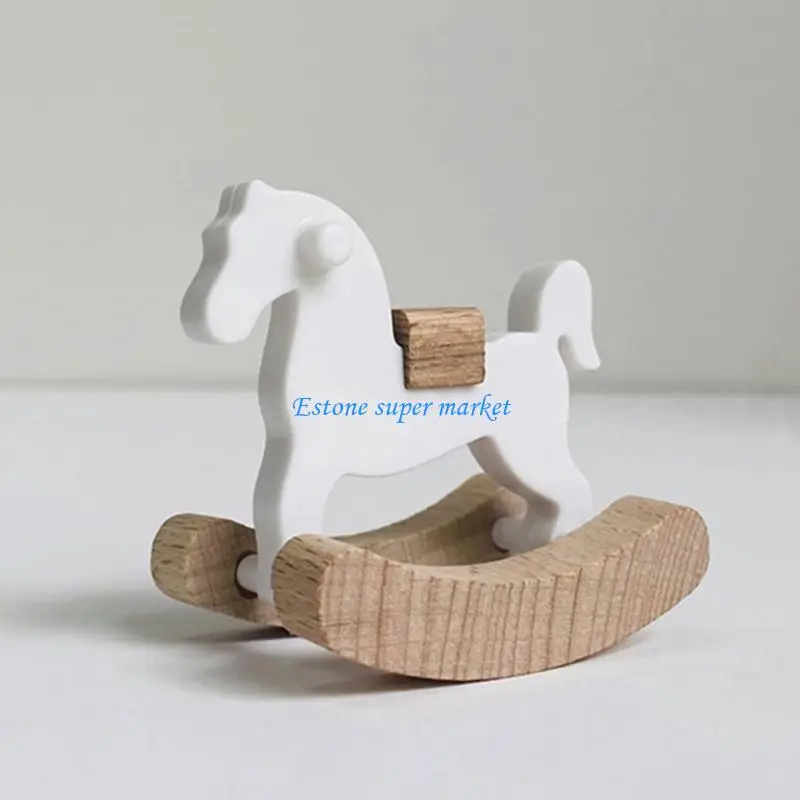 090B Classical Wooden Rocking Horse Model Figurine For Miniature Home Decors Craft Model Project Doll House Scene Decoration
