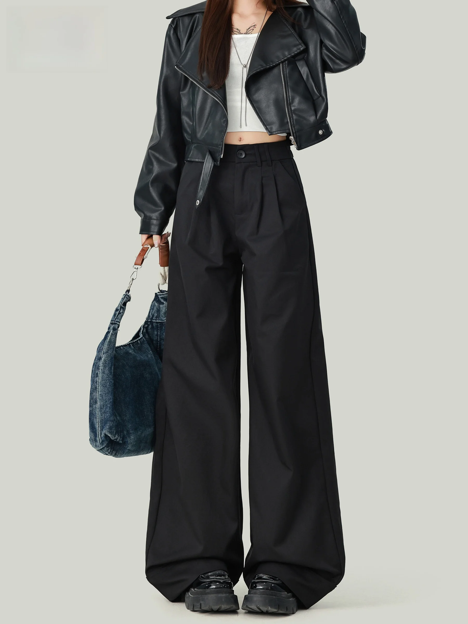 

Черные женские брюки с высокой талией в американском ретро-стиле, свободные, стройнящие, в расслабленном стиле, прямые, в пол, осенняя новинка