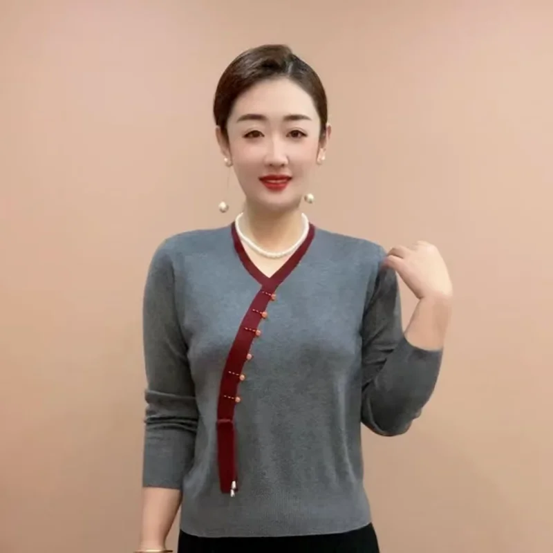 

Mom's Retro Long-sleeved Ethnic Sweater Autumn Winter Loose Bottoming Sweater Middle-aged Elderly Women's Tops