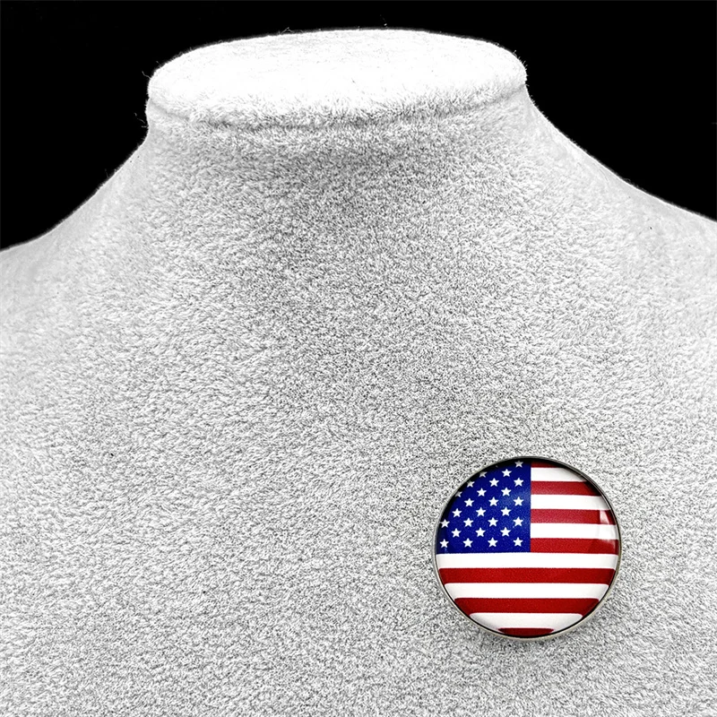 العلم الأمريكي الزجاج ميدالية مستديرة الفولاذ المقاوم للصدأ بروش للنساء الرجال الفضة اللون نجمة متلألئة راية شارة بدبابيس مجوهرات هدية #3