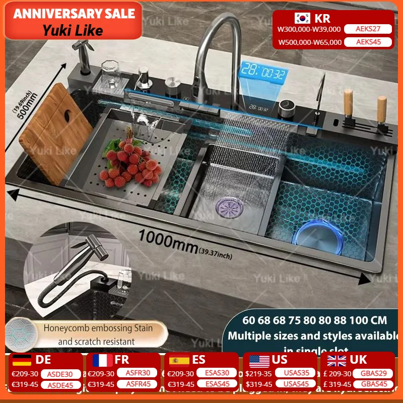 

Кухонная мойка с водопадом из нержавеющей стали, новая тисненая очень большая многофункциональная кухонная мойка с одним слотом и современным цифровым дисплеем