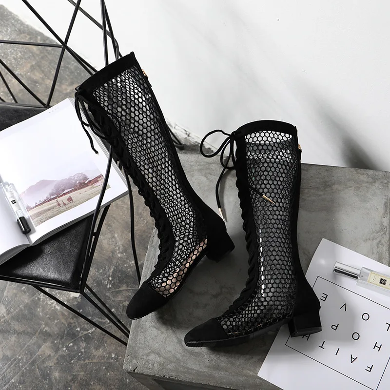 Trend Boots Women 2024 Hollow Out Summer Gladiator Mesh Sandals Lace-up stivali alti al ginocchio Chunky Heel Long Botas