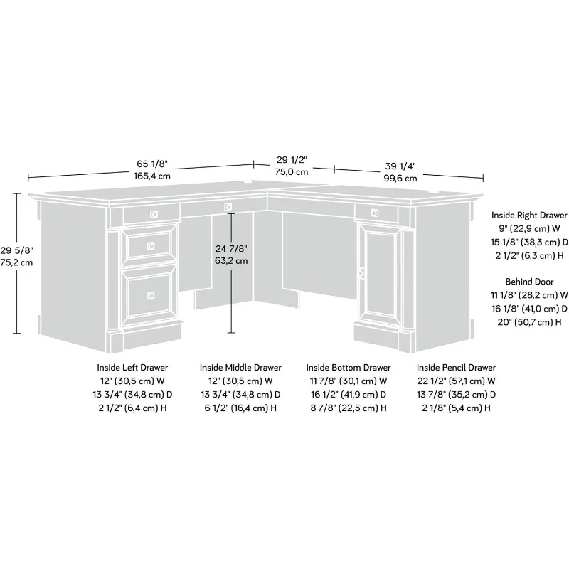 Sauder Palladia Scrivania a forma di L con cassetti, scrivania da ufficio con armadietto portadocumenti, gestione dei cavi, vassoio per tastiera