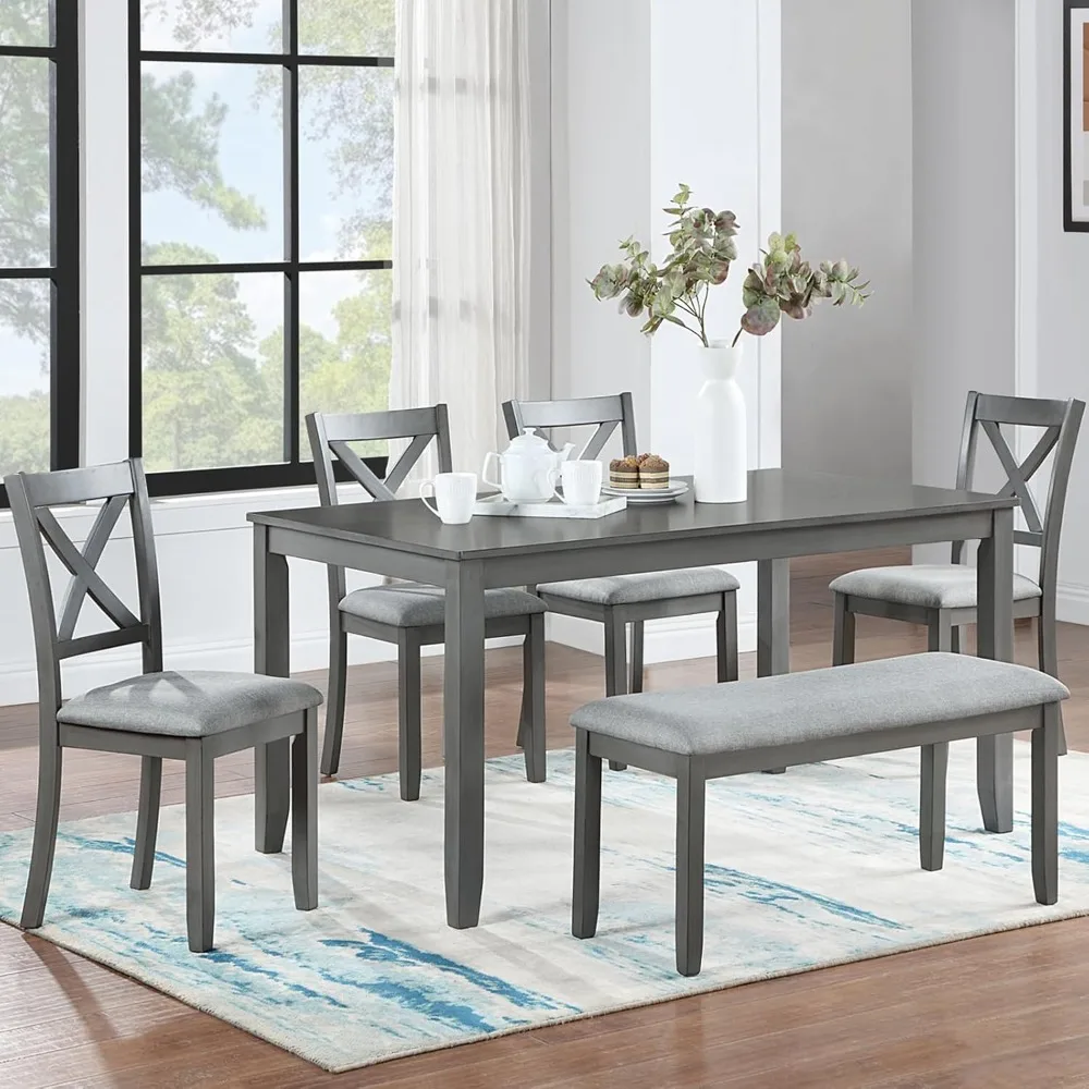 

Dining Table Set for 6, Solid Wood Kitchen Table Set with 4 Upholstered Chairs and Bench, Farmhouse Table with Bench