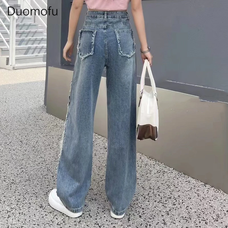 Duomofu Vintage allentato Chic scava fuori Casual Jeans femminili estate nuovo classico a vita alta Slim moda semplice Jeans dritti da donna