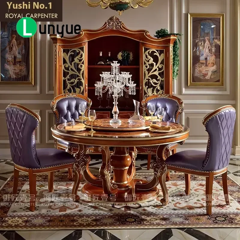 European Luxury Neoclassical Dining Table Large Size All Solid Wood with Custom Turntable Classical Home Furniture