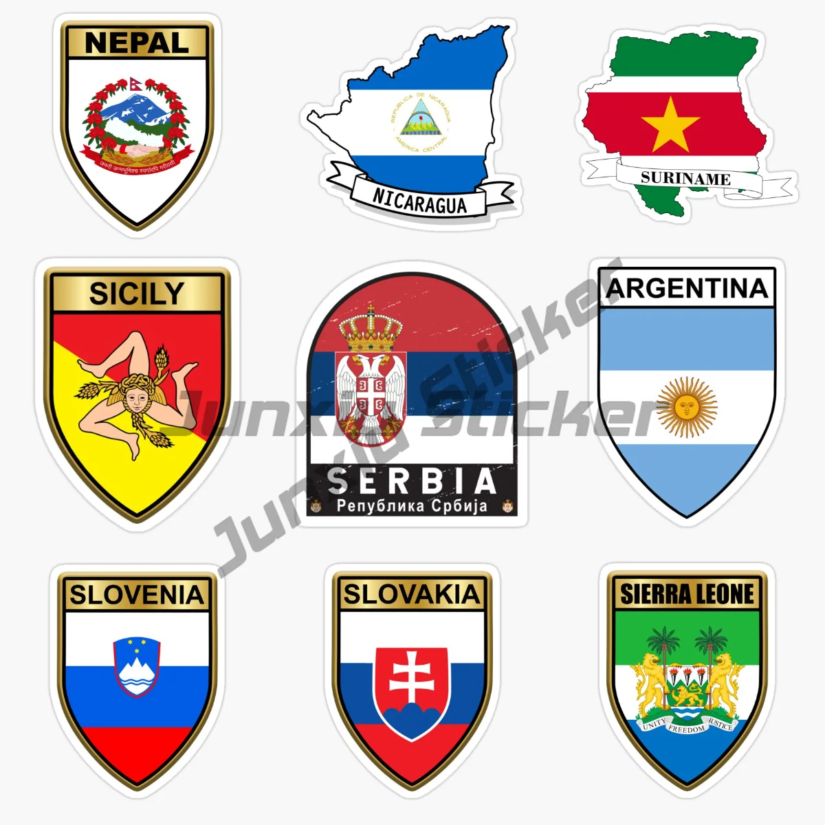 SERBIA SICILY SIERRA LEONE SLOVAKIA SLOVENIA NEPAL NICARAGUA Shield Flag Car Stickers Vinyl Self Adhesive Waterproof Stickers
