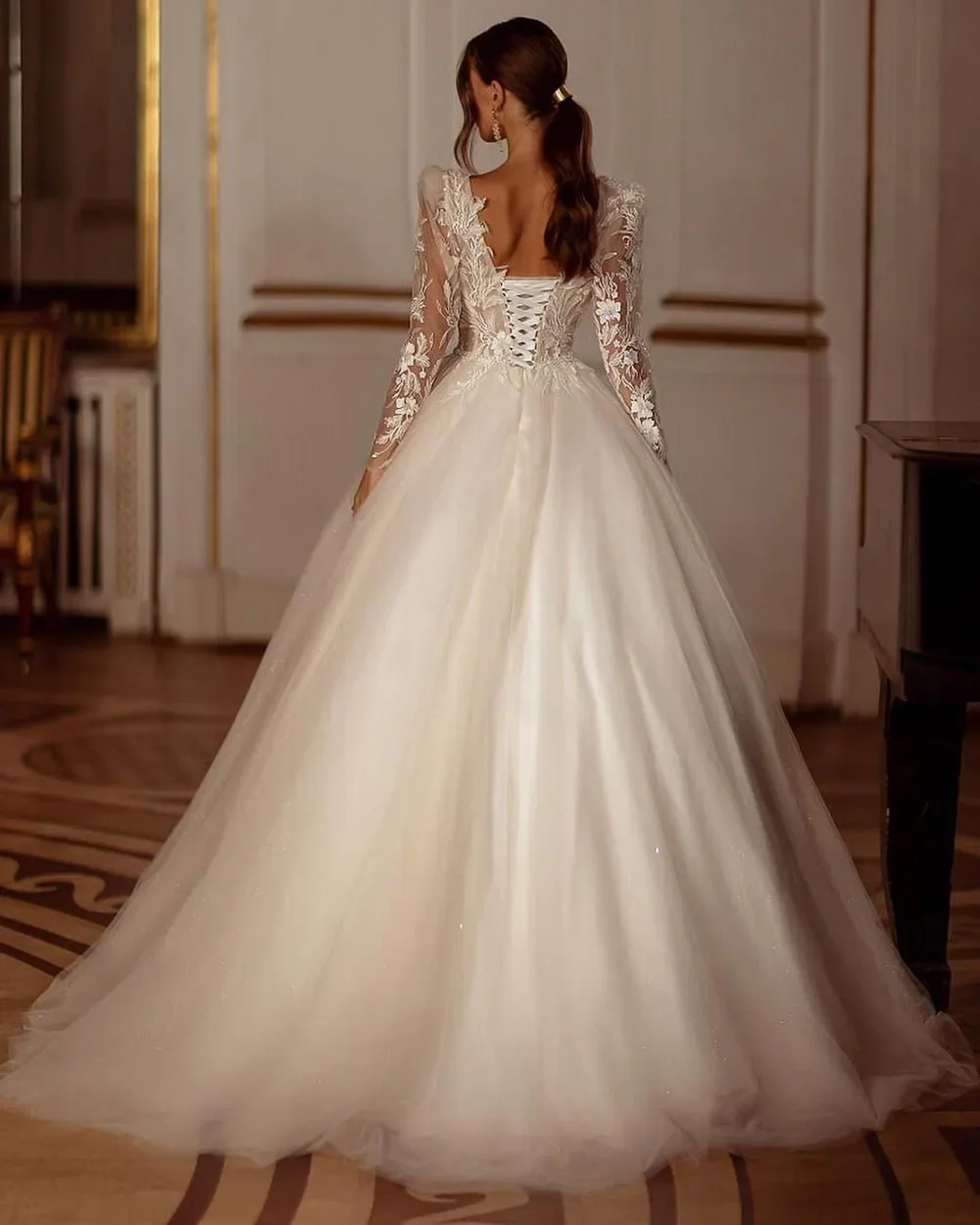 2024 Glitter Champagne abiti da sposa manica lunga Appliques pizzo moderno abito da sposa Tulle abiti da sposa Vestidos De Novia personalizzato