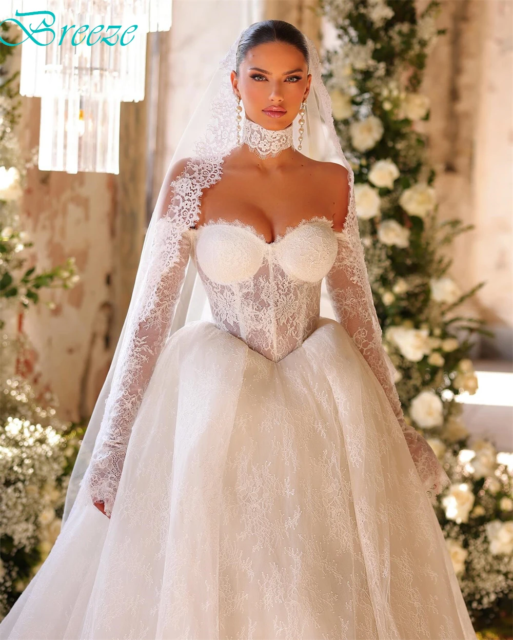 맞춤형 섹시한 화이트 레이스 로브 드 마리에 포멀 보트넥 긴 소매 웨딩드레스 매력적인 A라인 채플 트레인 웨딩드레스