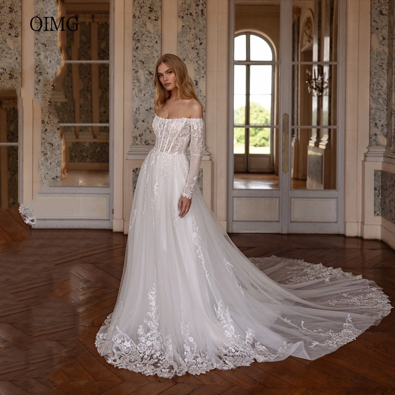 

OIMG Ivory A-line Wedding Dress Off The Shoulder Bride Dresses Lace With Big Tail Wedding Gowns vestidos de novia Customized