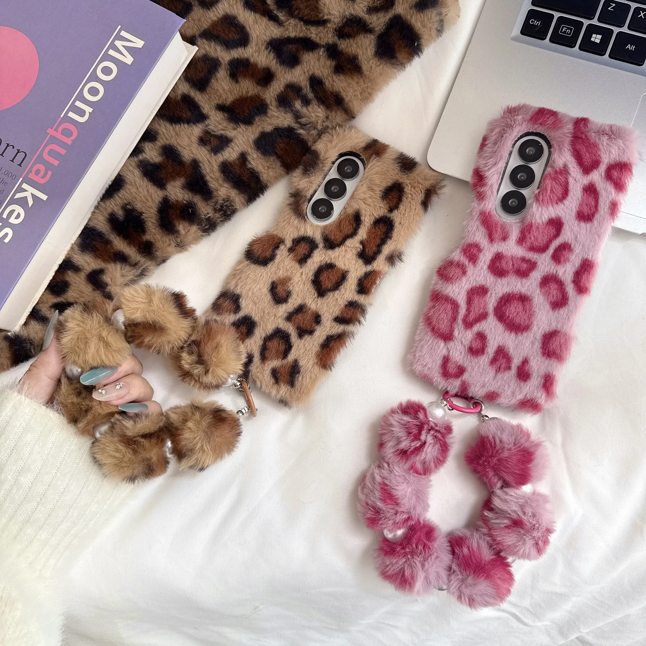 Fluffy Leopard Print Phone Case with Fur Wrist Strap, Soft Plush Shockproof Cover for Samsung Galaxy Z Fold 3 4 5 6 7 8