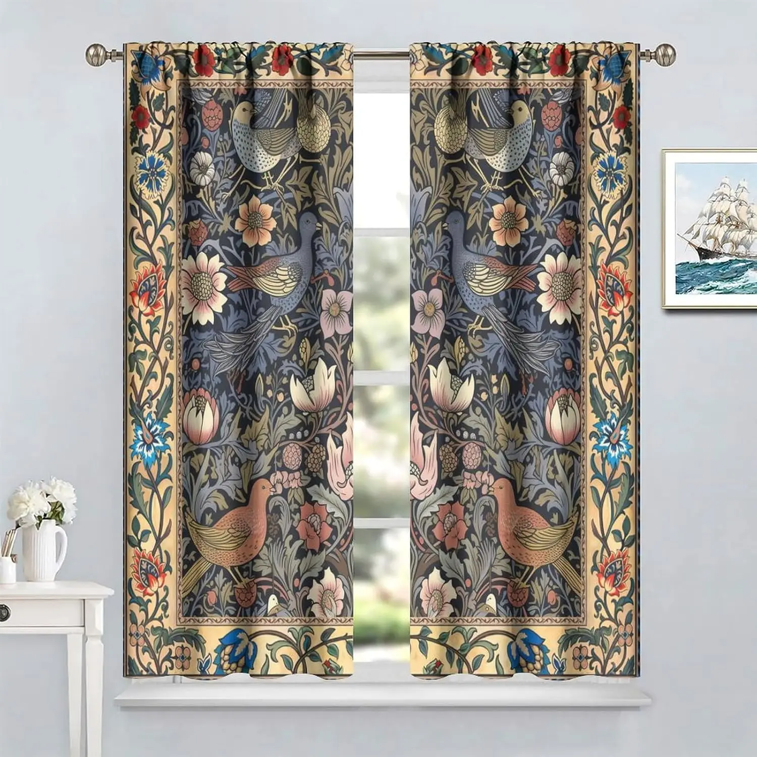 Boho William Morris Curtains Retro Bird Elegant Animal Pattern Printing Curtains Bedroom Living Room Privacy Curtains 2 Panels