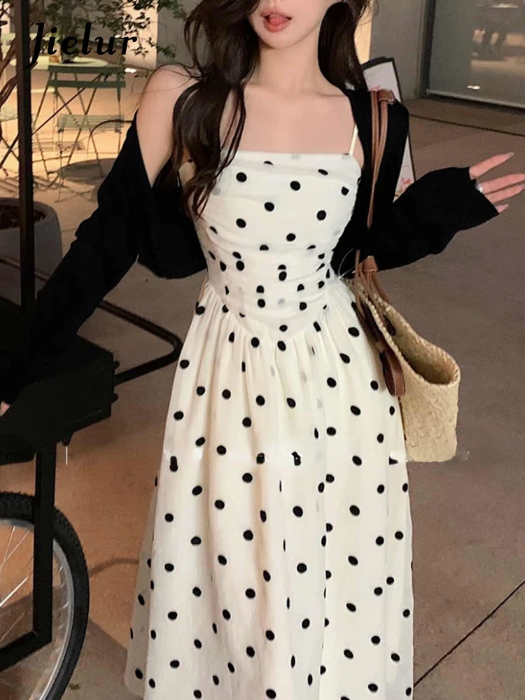 Jielur Summer Elegant Vintage Midi Dress Women Sleeveless Strap Formal Dress Office Lady Casual Outwear Slim Korean Fashion Chic