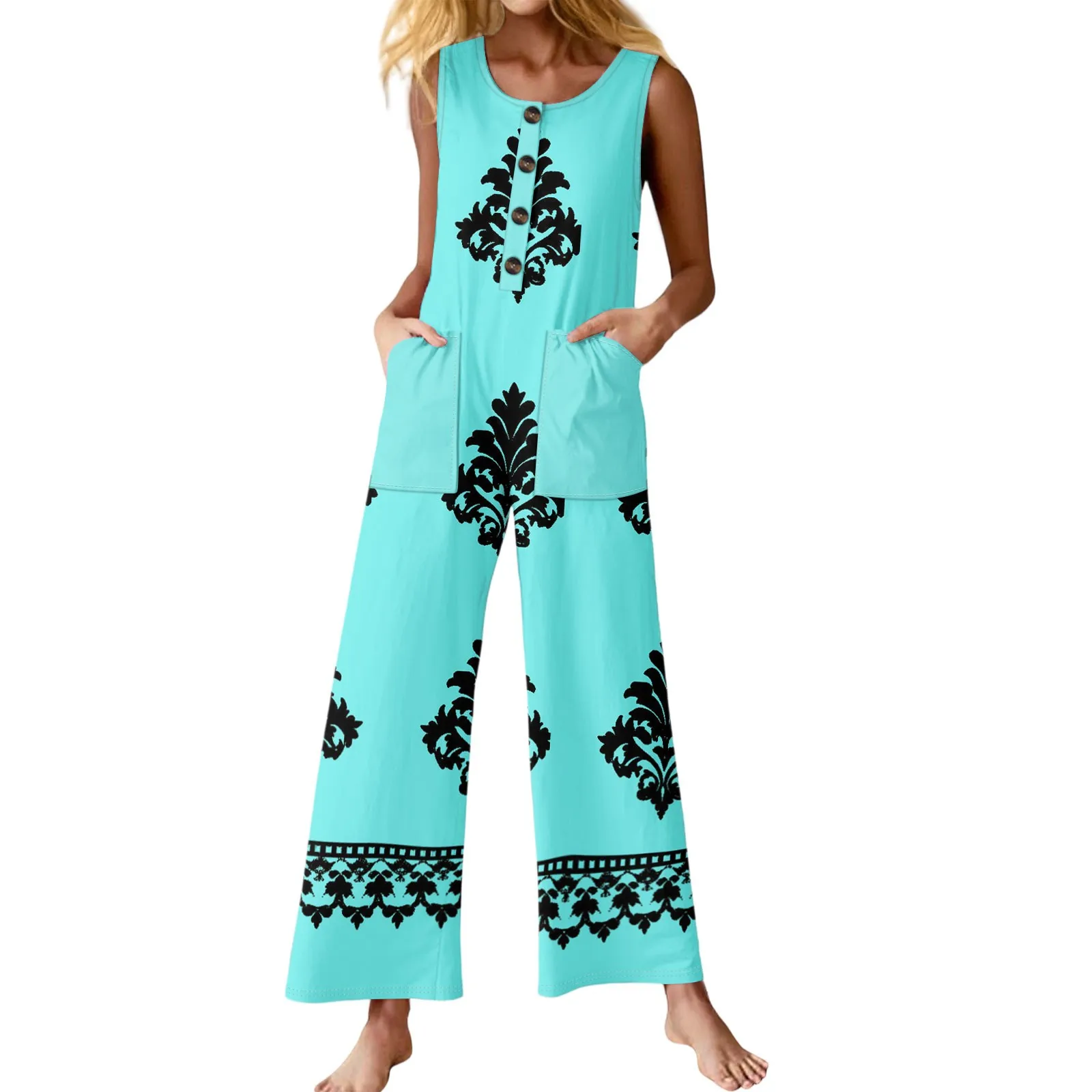 

Retro print jumpsuit for women summer casual fashion sleeveless jumpsuits button-decorated pocket jumpsuit trendy streetwear