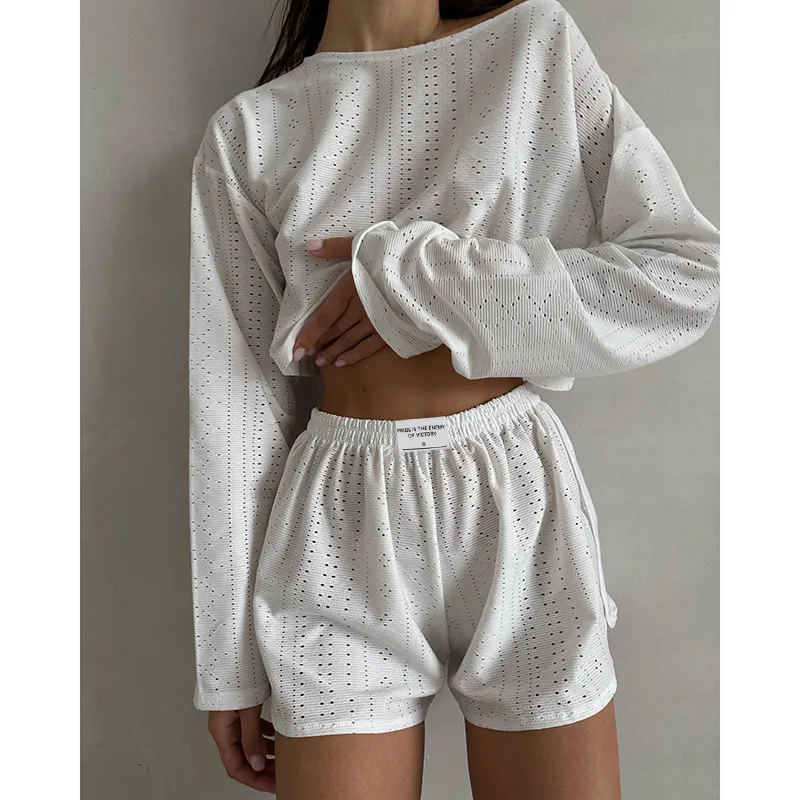 

Women's Minimalist Shorts Set With Simple Solid Color Hollow Out Fashion Casual Loose Fit Long Sleeved Top Shorts Two-piece Set