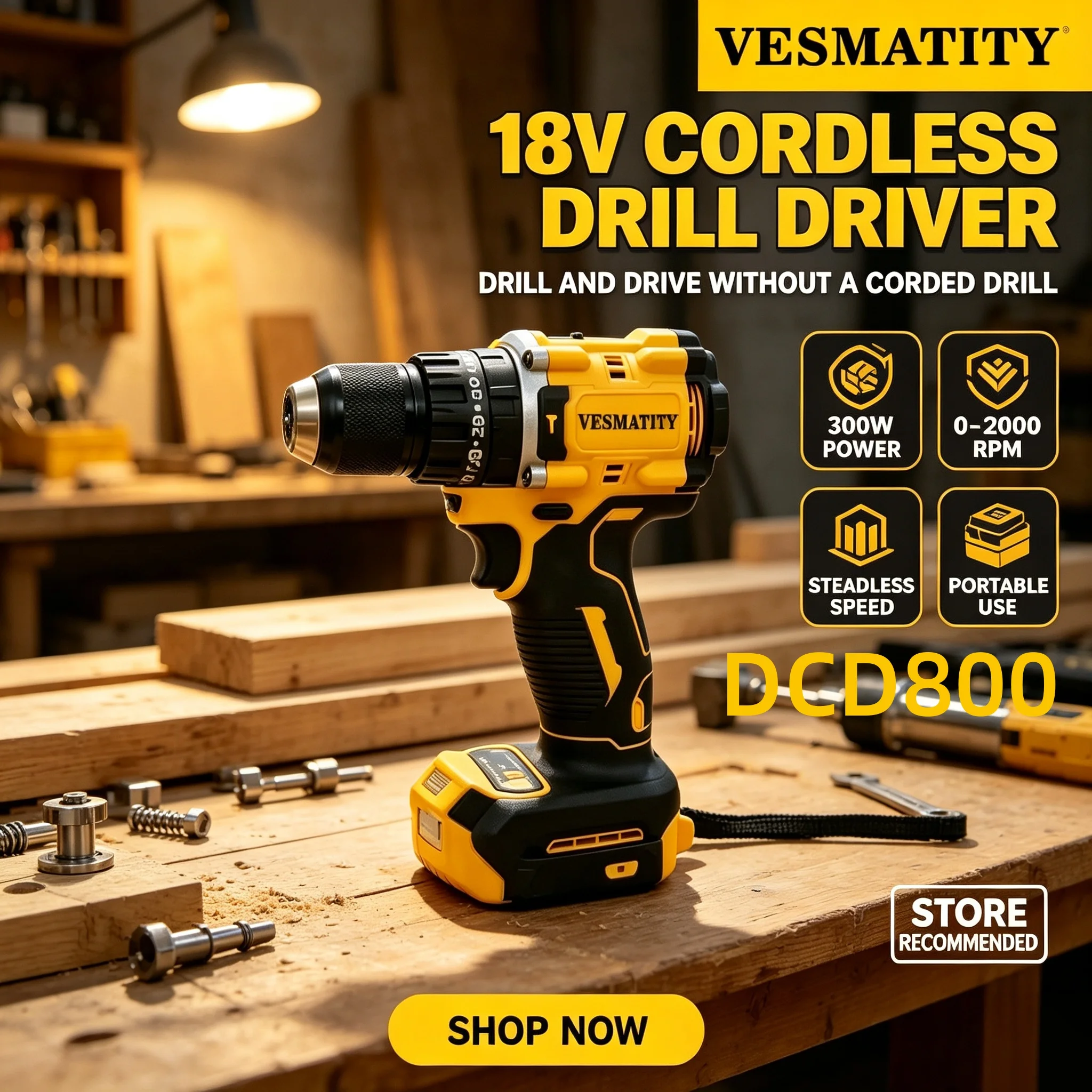 Vesmatity DCD800 Cordless Electric Brushless Impact Wrench High Torque LED Light 90Nm Lightweight Professional Power Tool